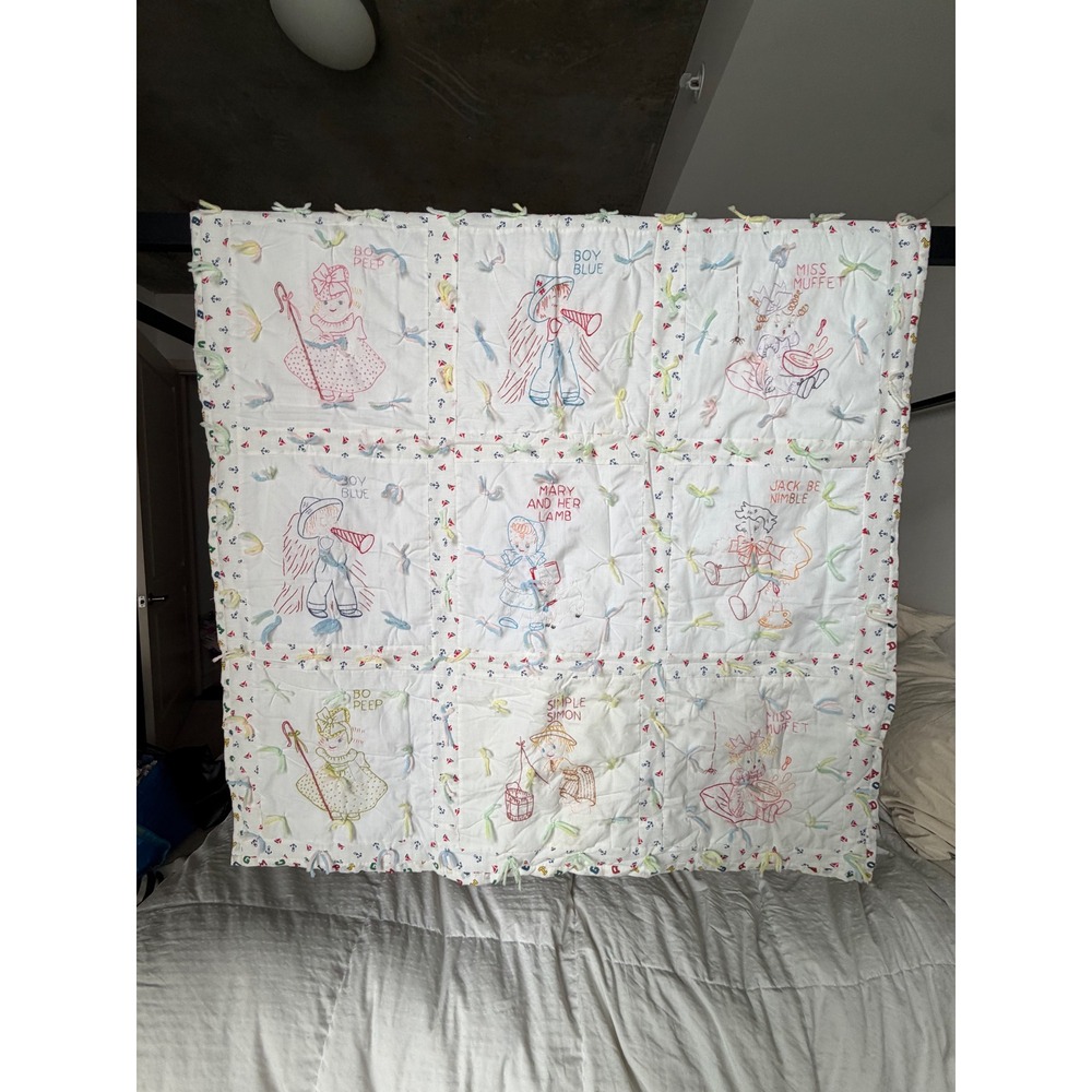 Vintage Nursery Rhyme Embroidered ABC Baby Quilt